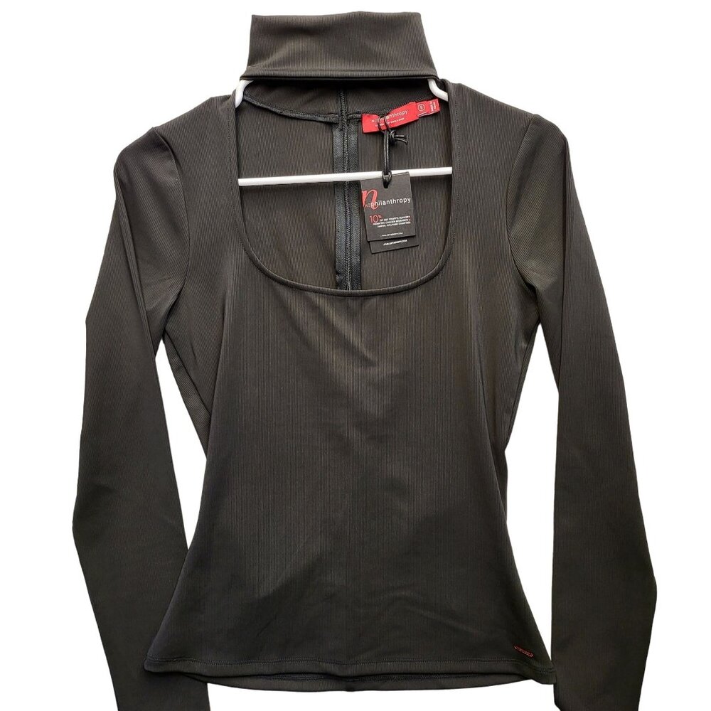 N:Philanthropy Women Casual Top Black Long Sleeve Mock Neck Cutout Ribbed S NWT!